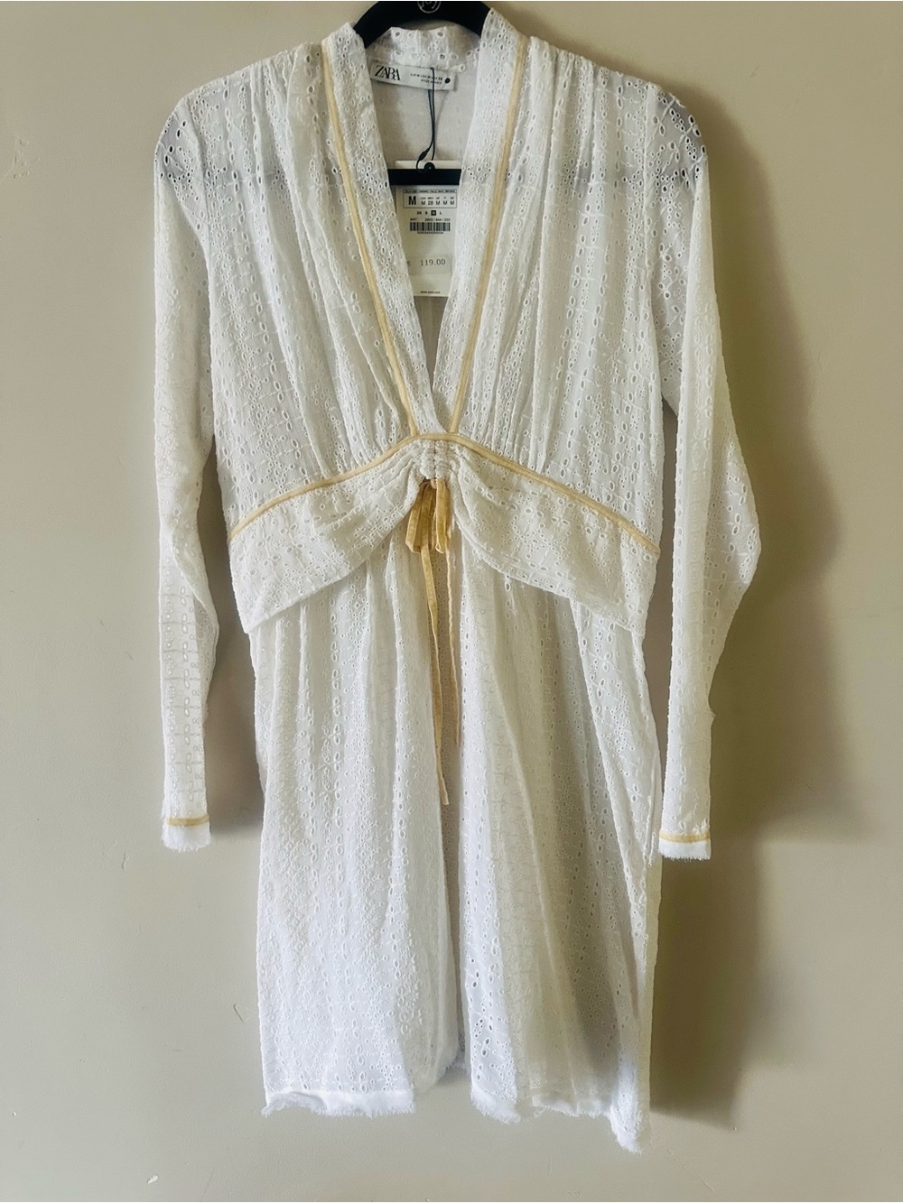 Zara White Eyelet Long-Sleeve Robe with Cream Trim